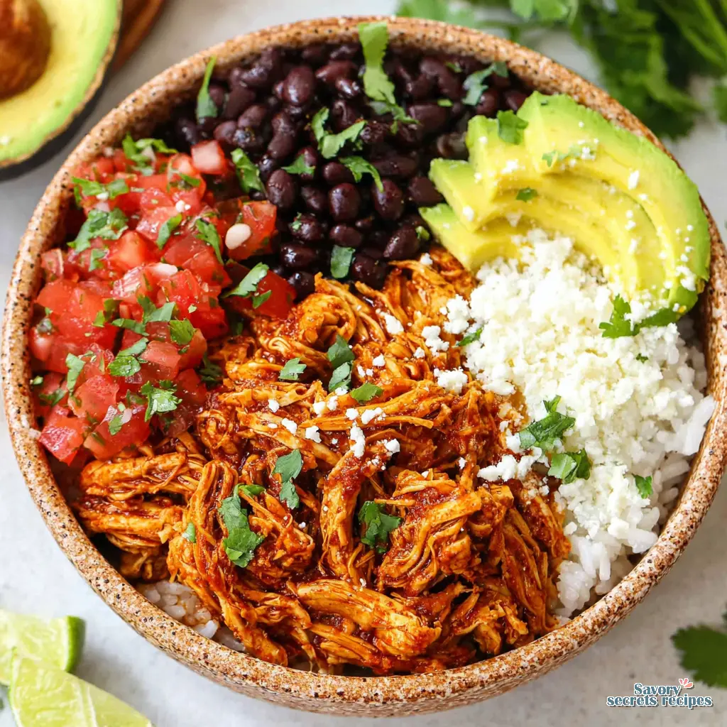 high protein chicken taco bowl shredded final presentation