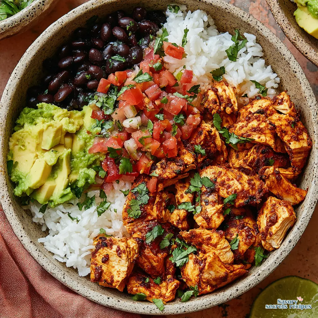 high protein chicken taco bowl with rice close up