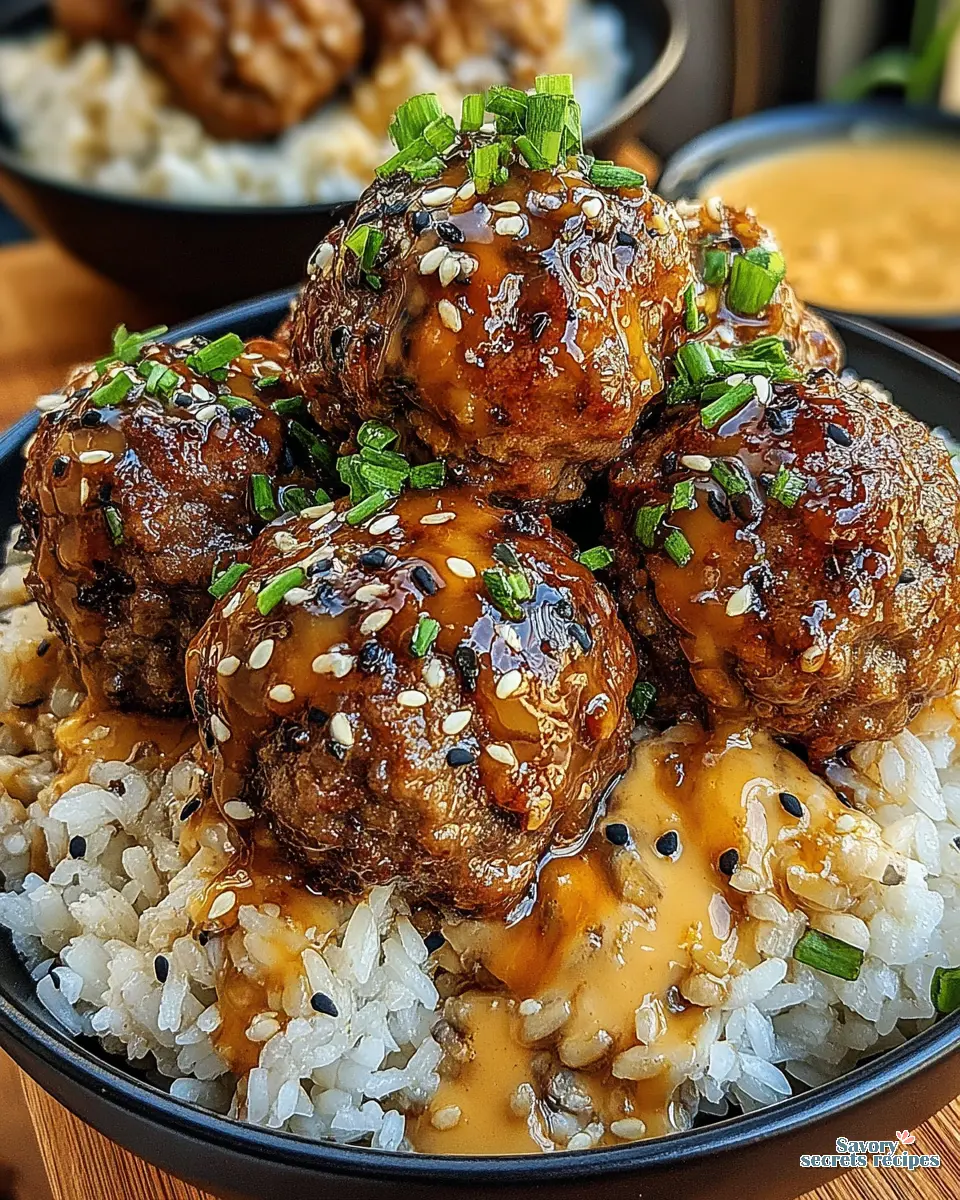 honey garlic beef meatball rice bowl close up
