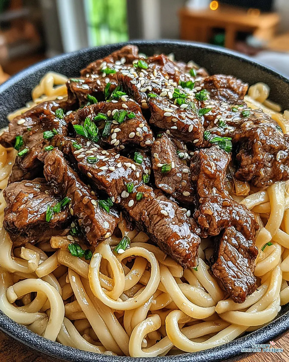 honey garlic beef noodle bowl close up