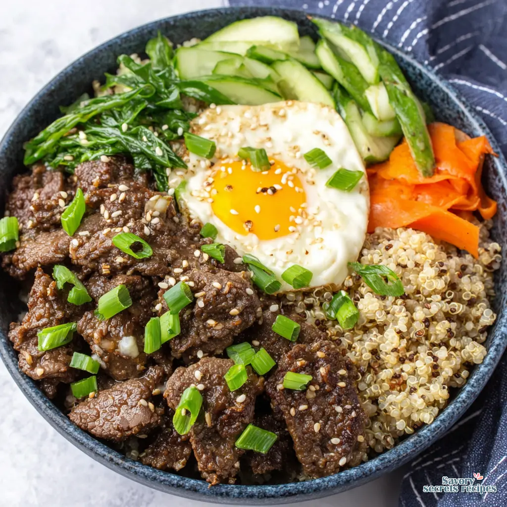 honey garlic beef quinoa bowl close up