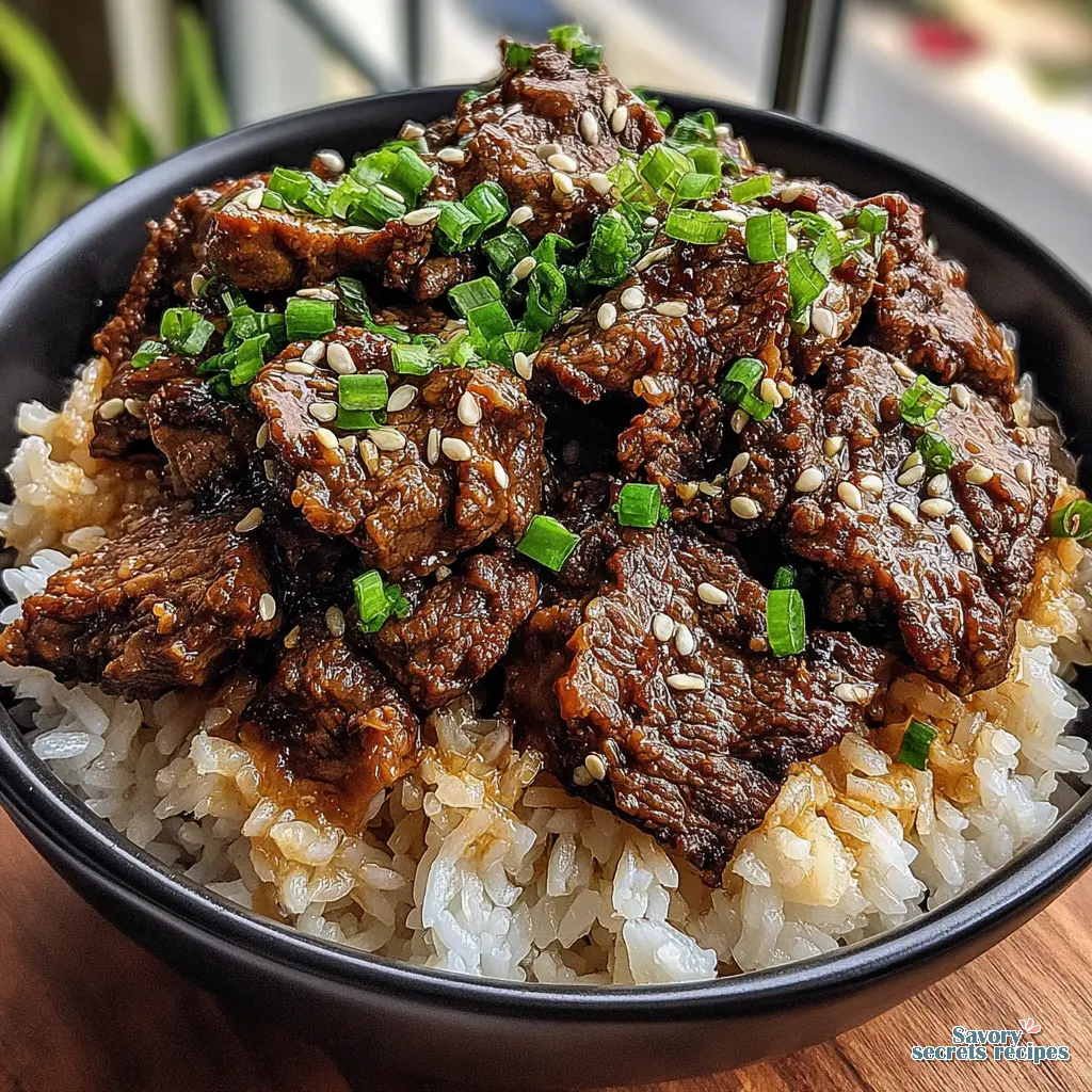 honey garlic beef rice bowl close up