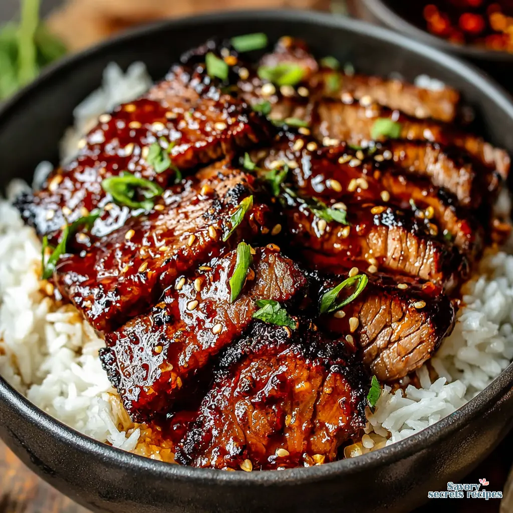 honey garlic beef rice bowl recipe close up