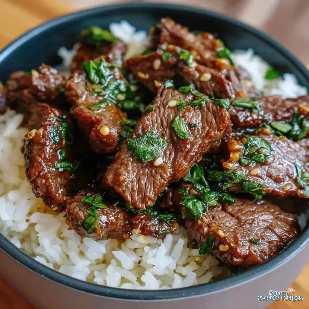 honey garlic beef rice bowl skillet close up
