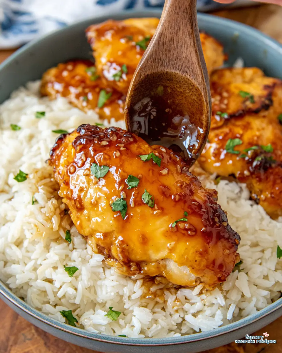close up of honey garlic sauce coating chicken