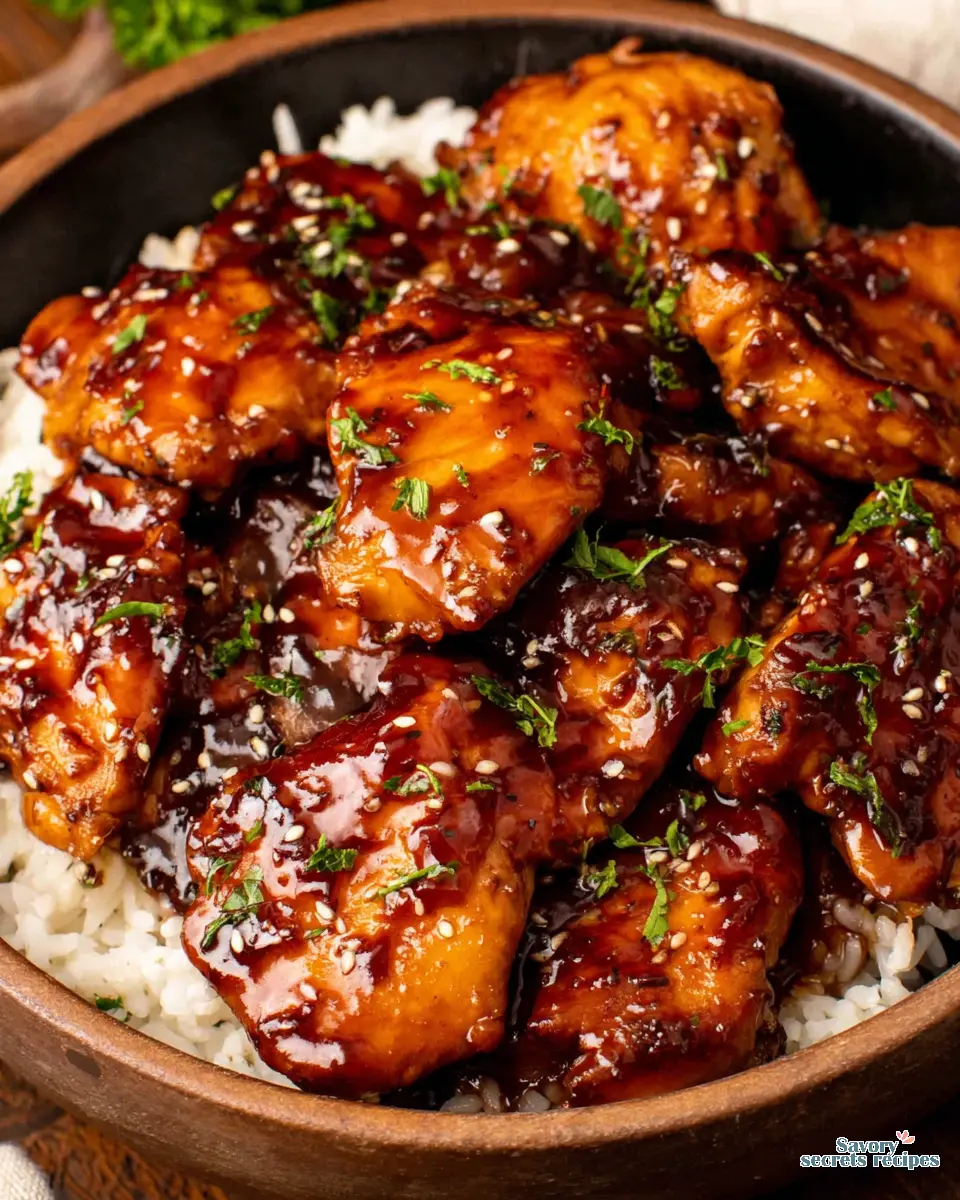 honey garlic chicken breast over rice close up