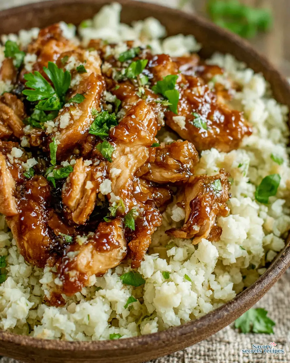 honey garlic chicken cauliflower rice close up