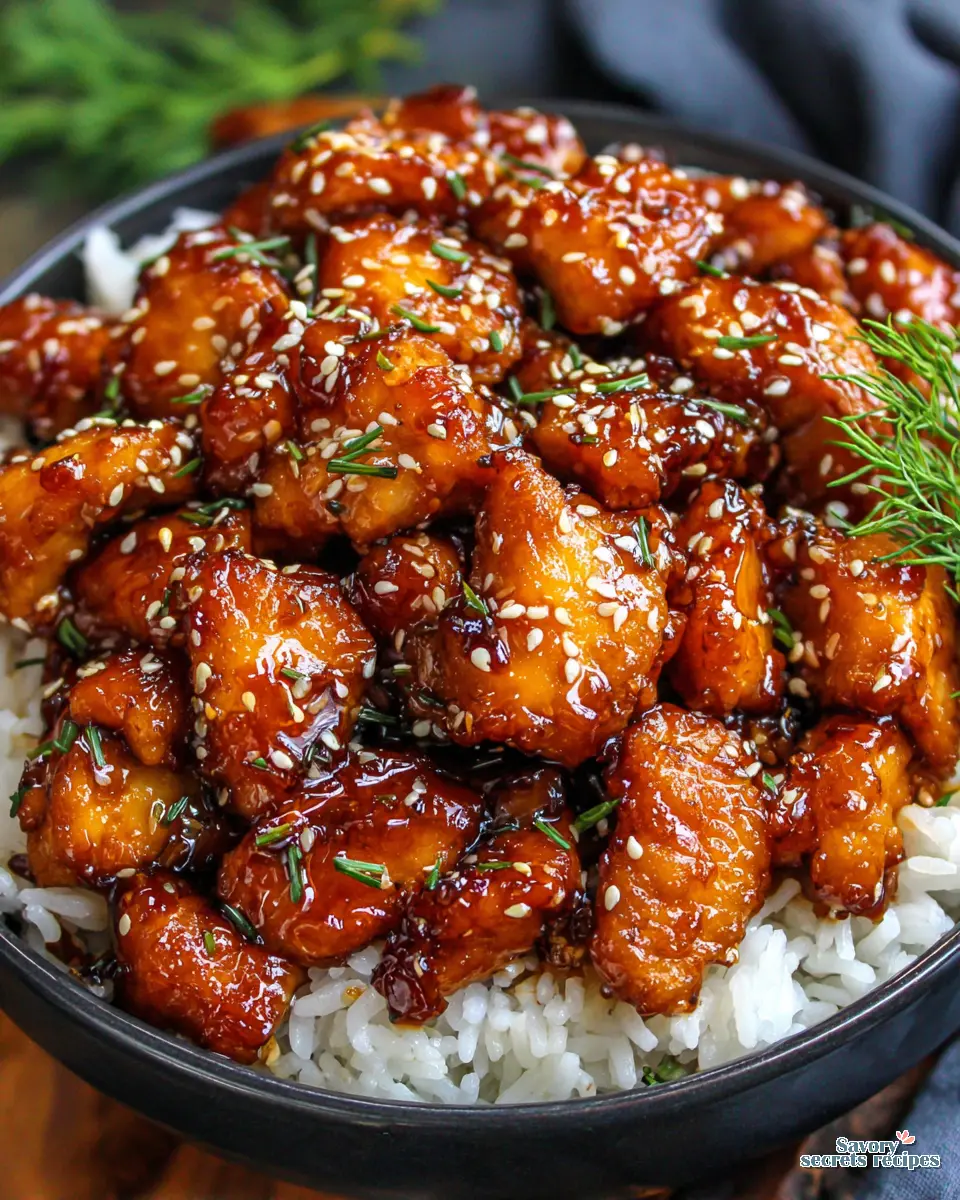 honey garlic chicken rice bowl close up