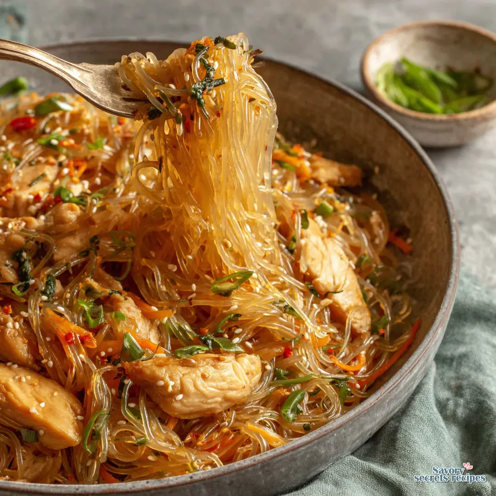 honey garlic chicken rice noodles close up