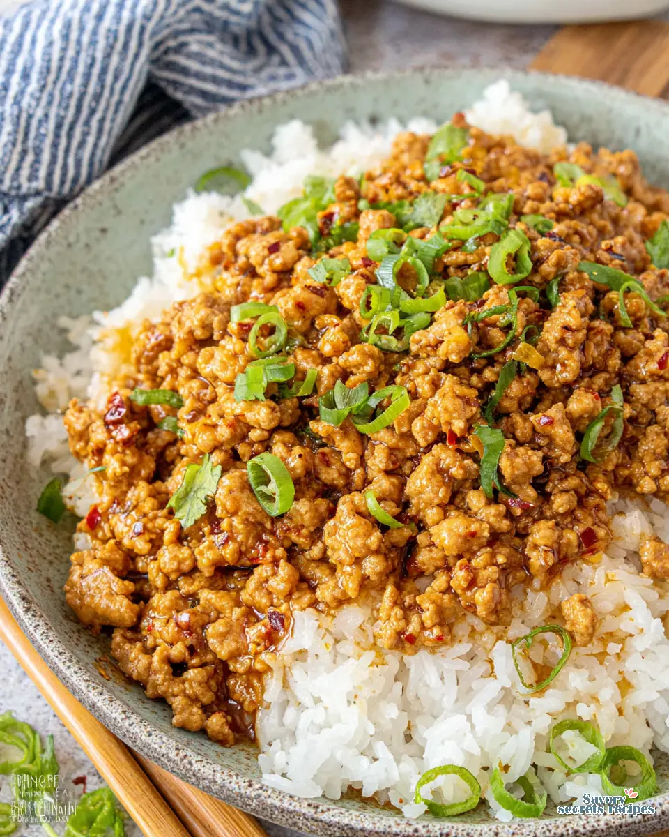 easy honey garlic ground chicken and rice recipe close up