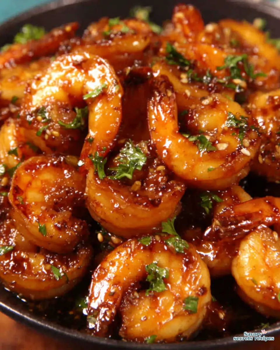 Honey Garlic Shrimp Pasta close up, showing glossy sauce on pasta