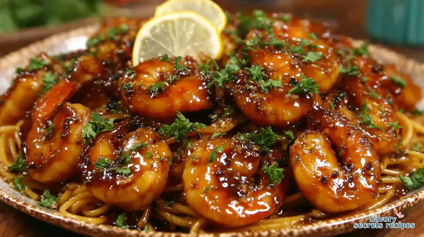 Honey Garlic Shrimp Pasta served in a bowl with parsley garnish