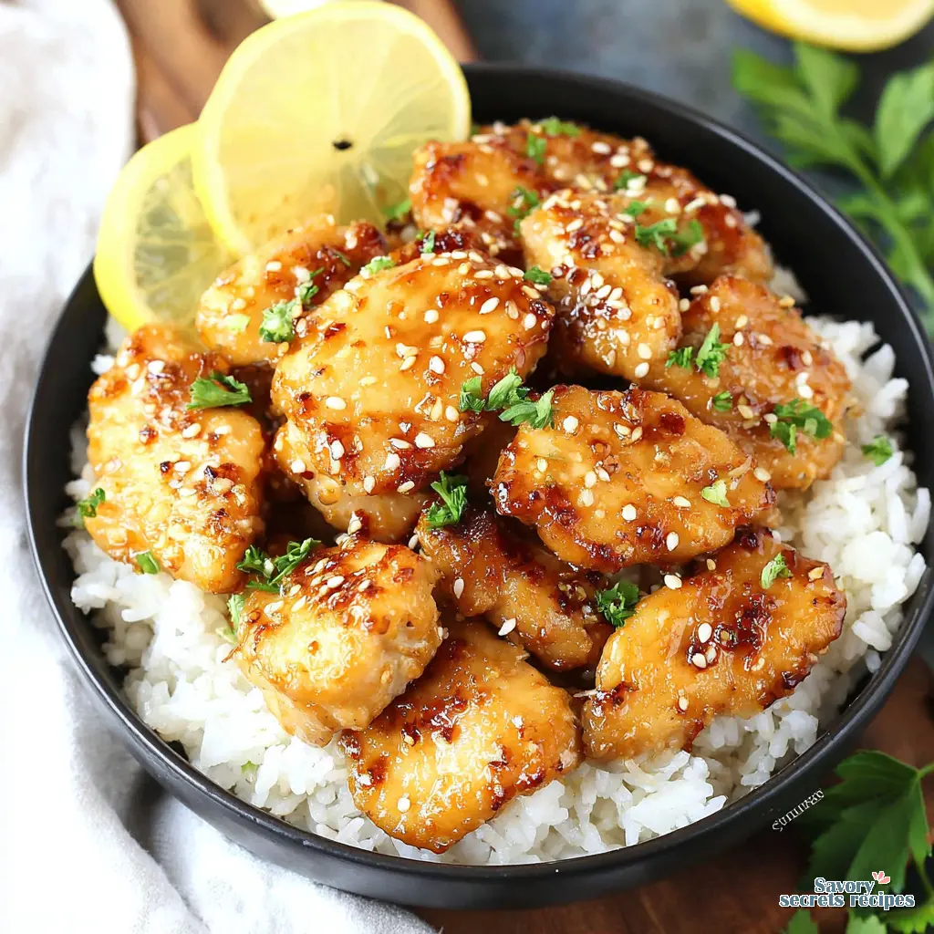honey lemon garlic chicken with rice close up