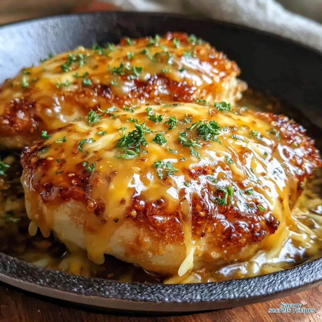 Honey Mustard Chicken Skillet close up, showing sauce consistency