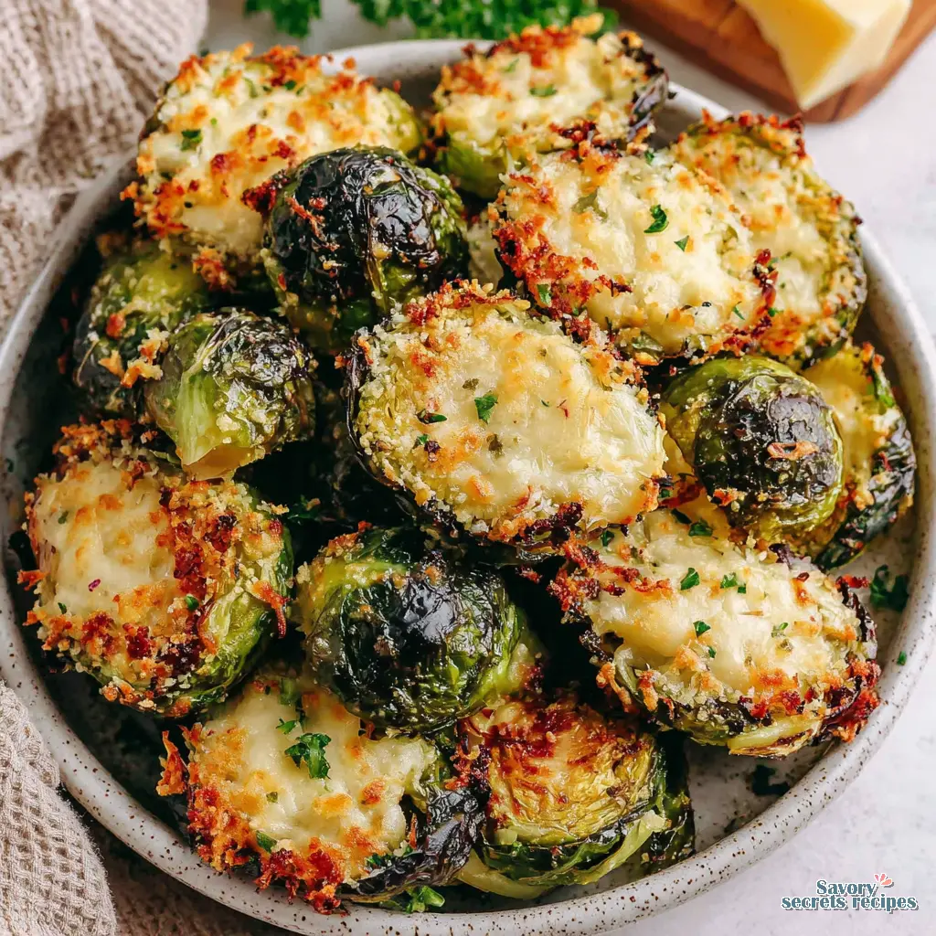 close up of crispy parmesan crust on brussel sprouts