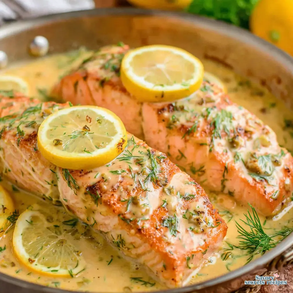 lemon dill salmon skillet close up