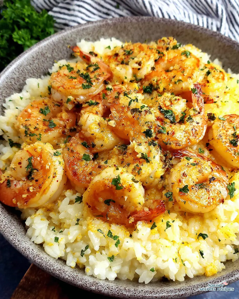 lemon garlic butter shrimp and rice close up