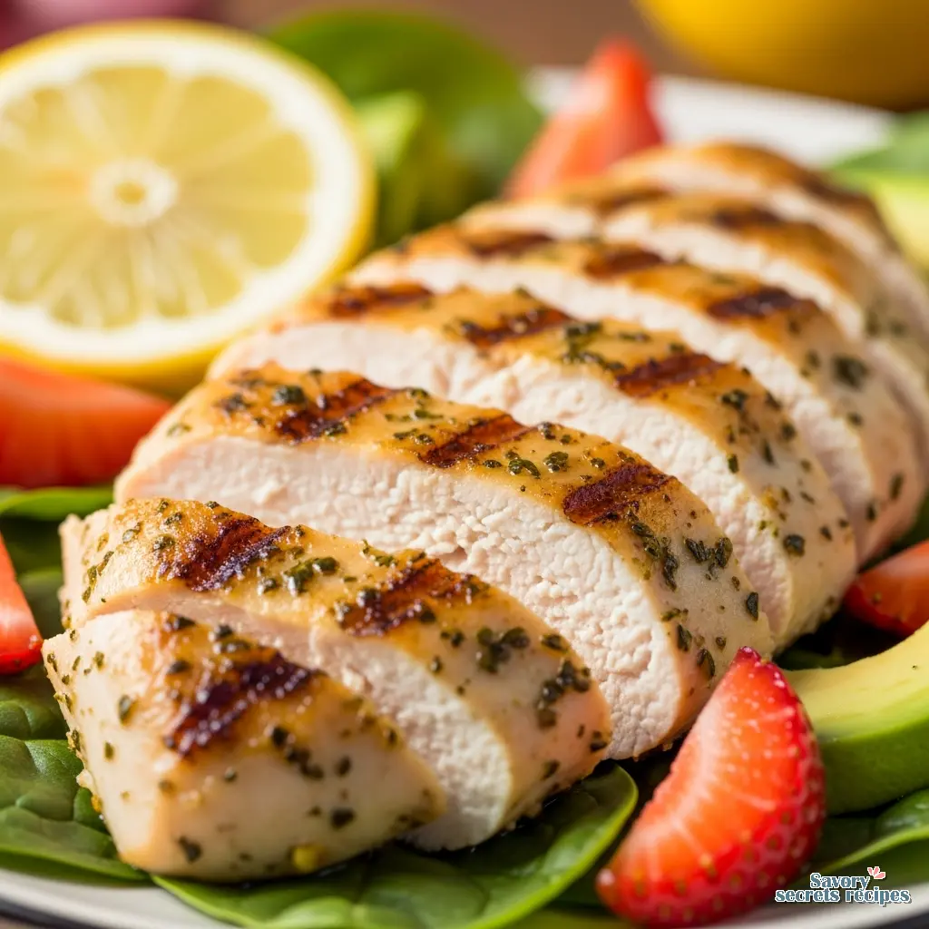 lemon herb grilled chicken salad strawberry close up