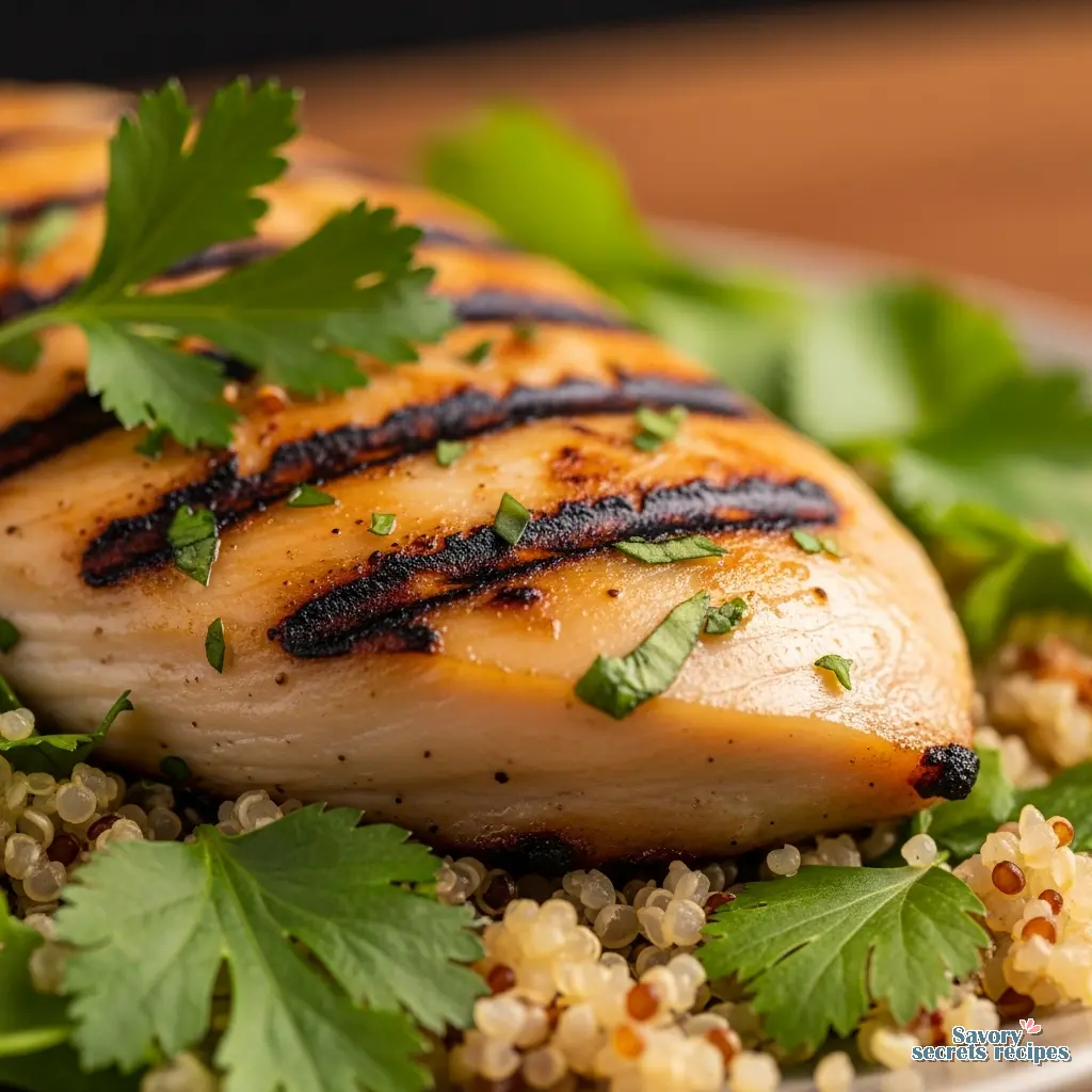 lemon herb grilled chicken with quinoa salad close up