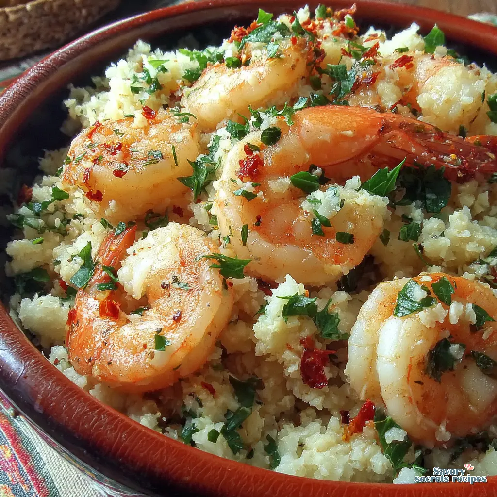 low calorie cauliflower rice shrimp bowl close up