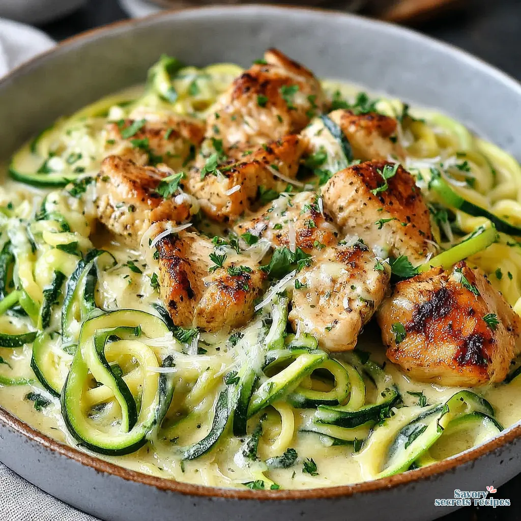 low carb chicken zucchini bowl noodles close up
