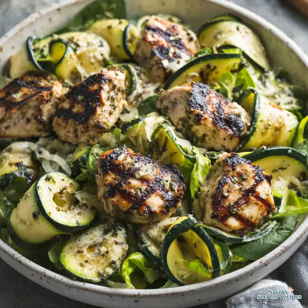 low carb chicken zucchini bowl salad close up