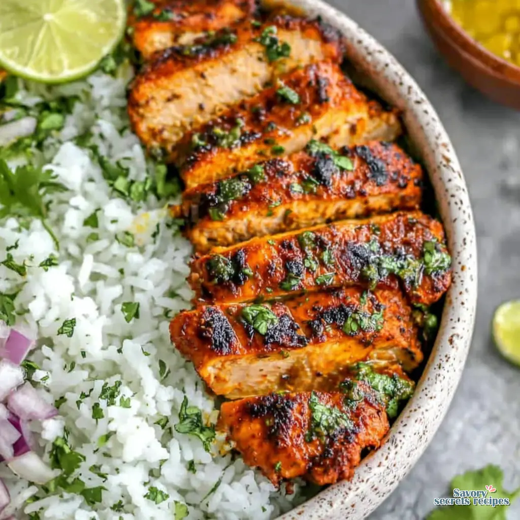 Marinated Chicken Rice Bowl close up