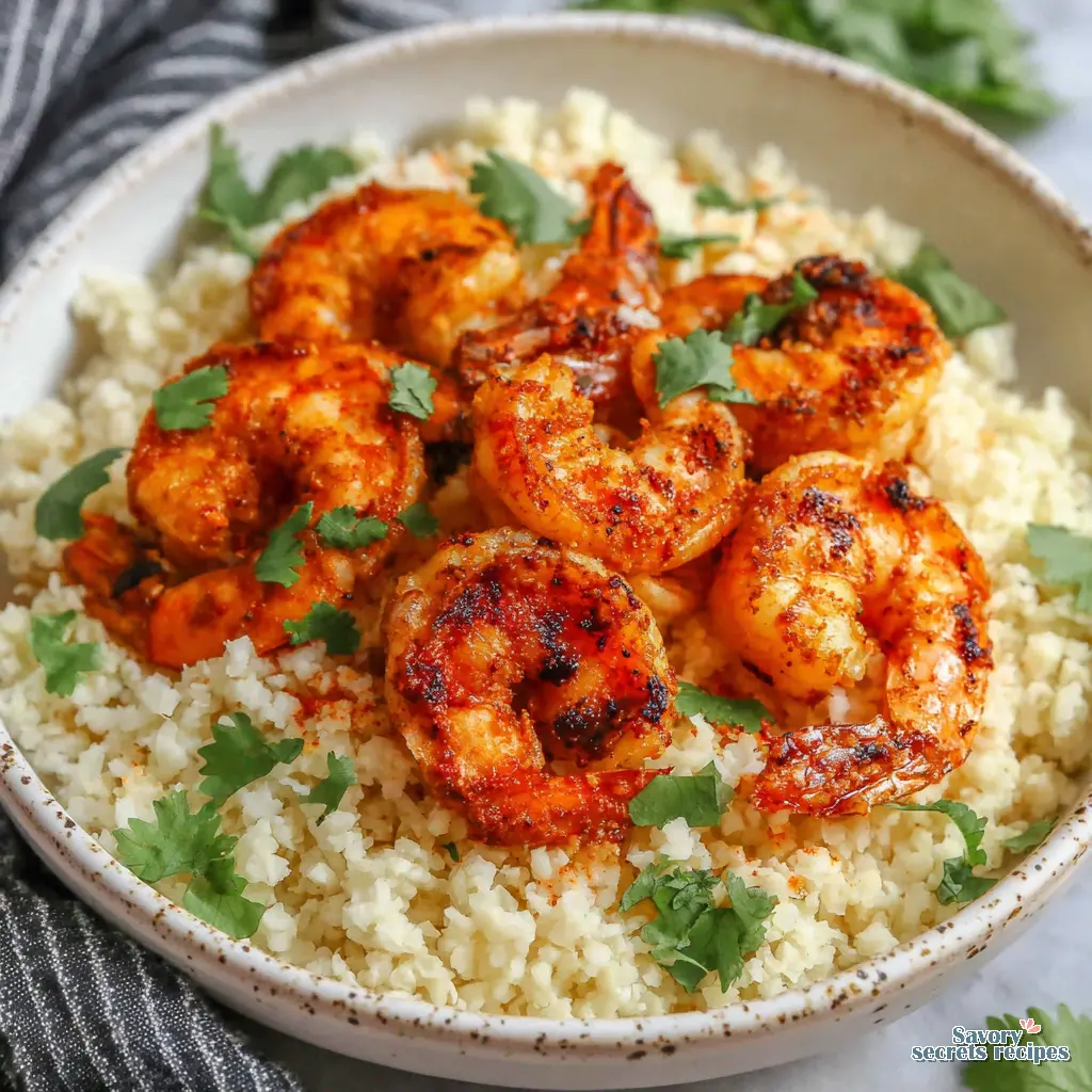meal prep cauliflower rice shrimp bowl close up