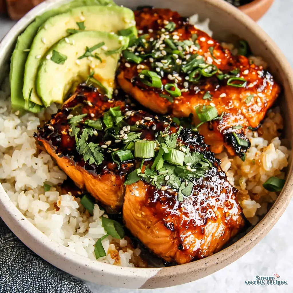 Meal Prep Salmon Rice Bowls close up