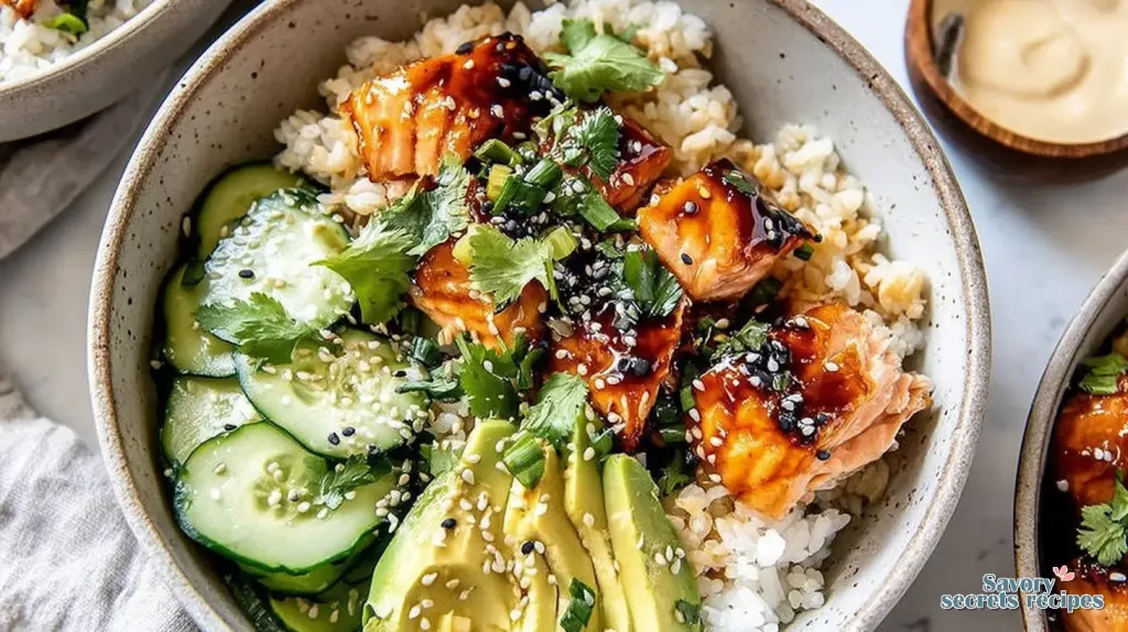 meal prep salmon rice bowls 460234461
