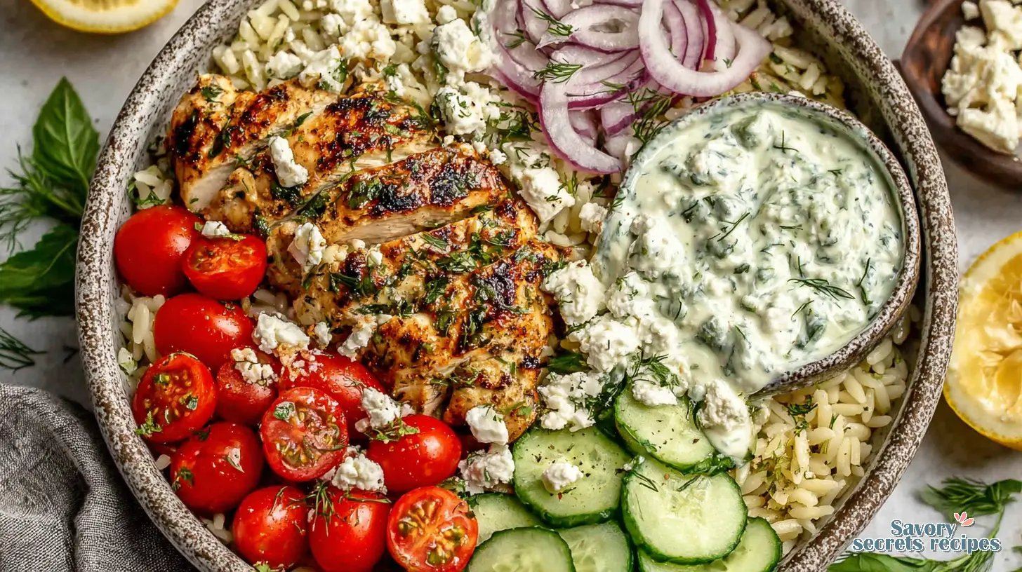 Assembled Mediterranean Chicken Orzo Bowl in a white dish