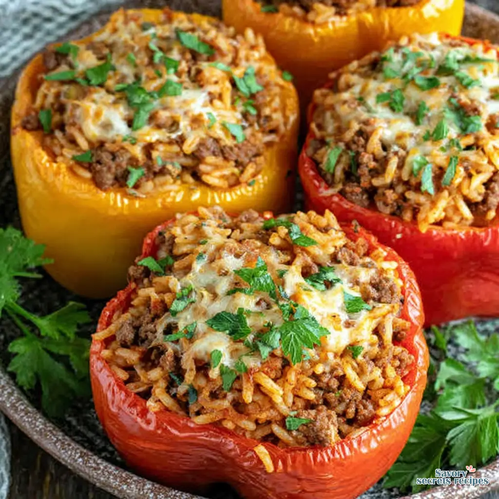 Close up of the herb and chickpea filling being spooned into a bell pepper half