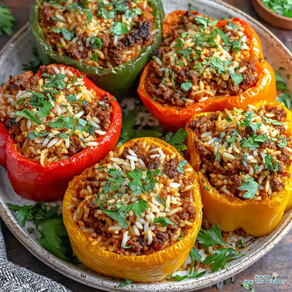 A baking dish of finished Mediterranean Chickpea Stuffed Peppers presented on a table with a side salad