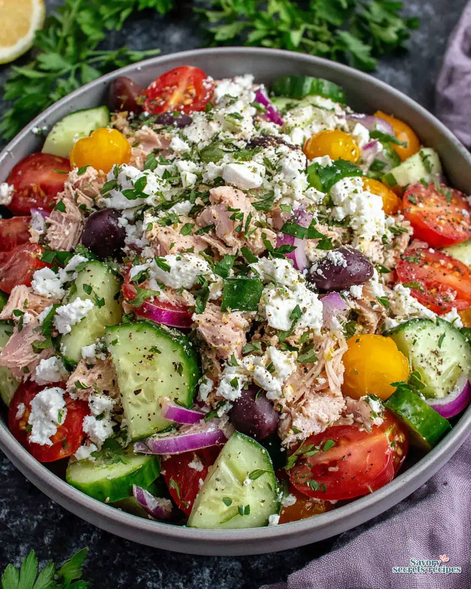 Close up of mixing Mediterranean Tuna Salad