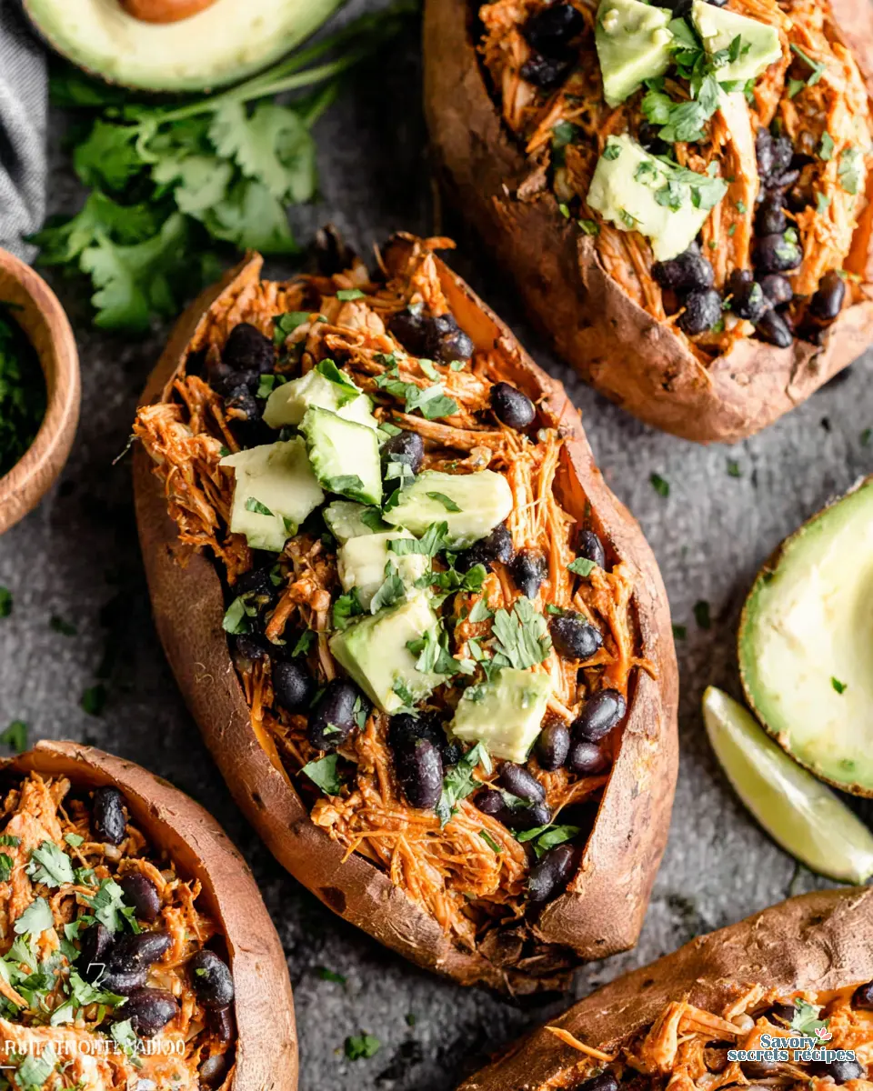 mexican chicken stuffed sweet potatoes black bean close up