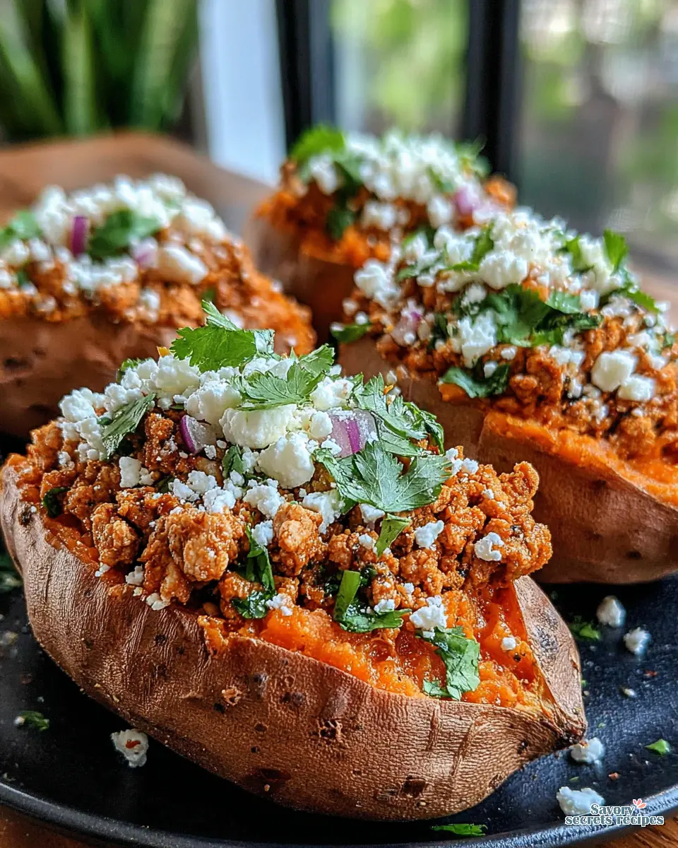 mexican chicken stuffed sweet potatoes feta close up