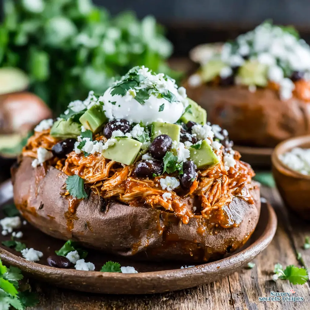 fully assembled mexican chicken stuffed sweet potatoes on a plate