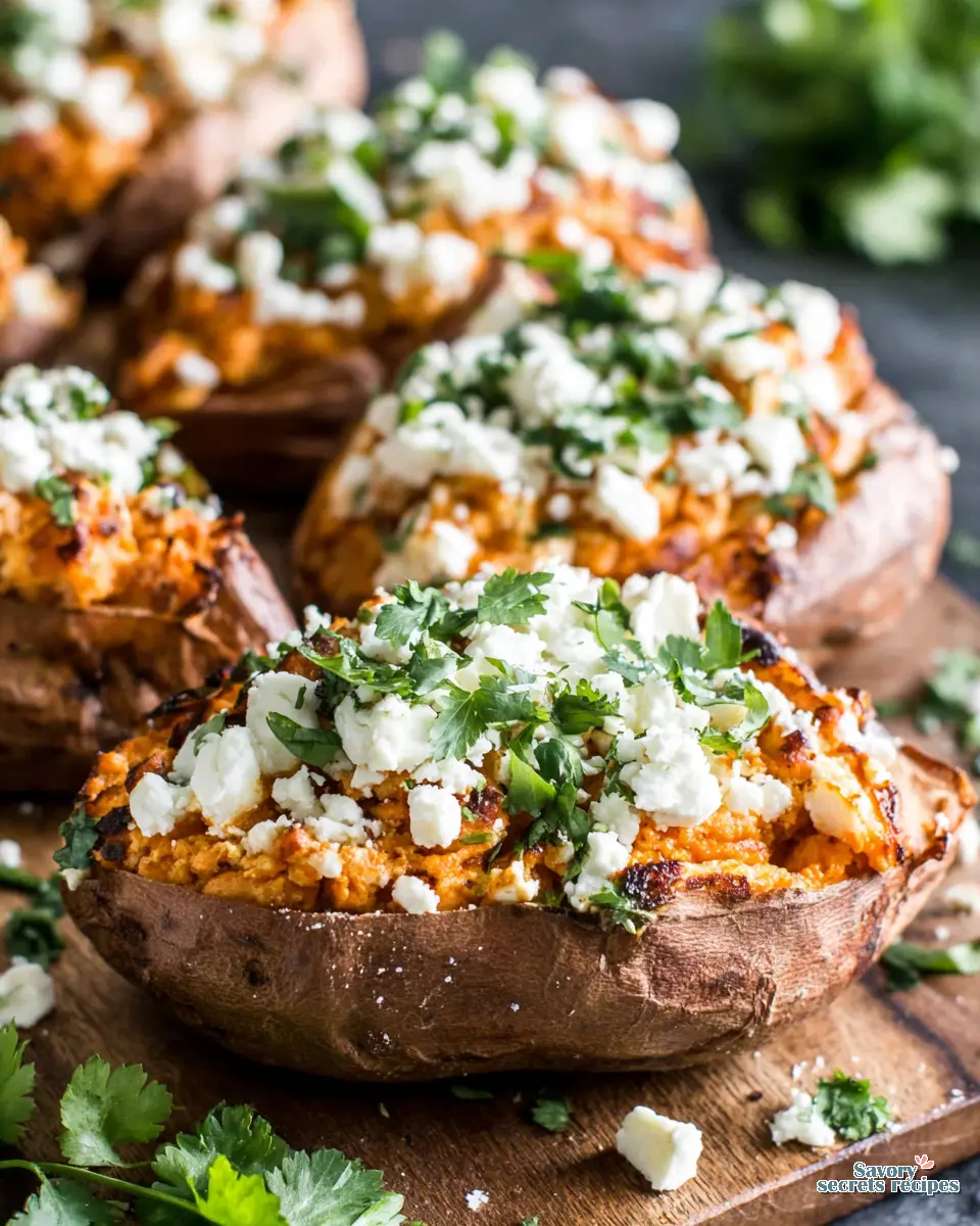 close up of mexican chicken stuffed sweet potatoes with melted cheese