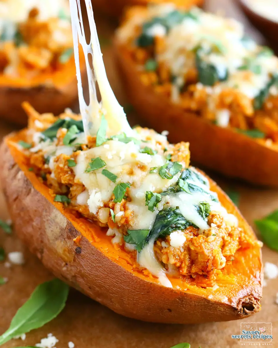 mexican chicken stuffed sweet potatoes spinach close up