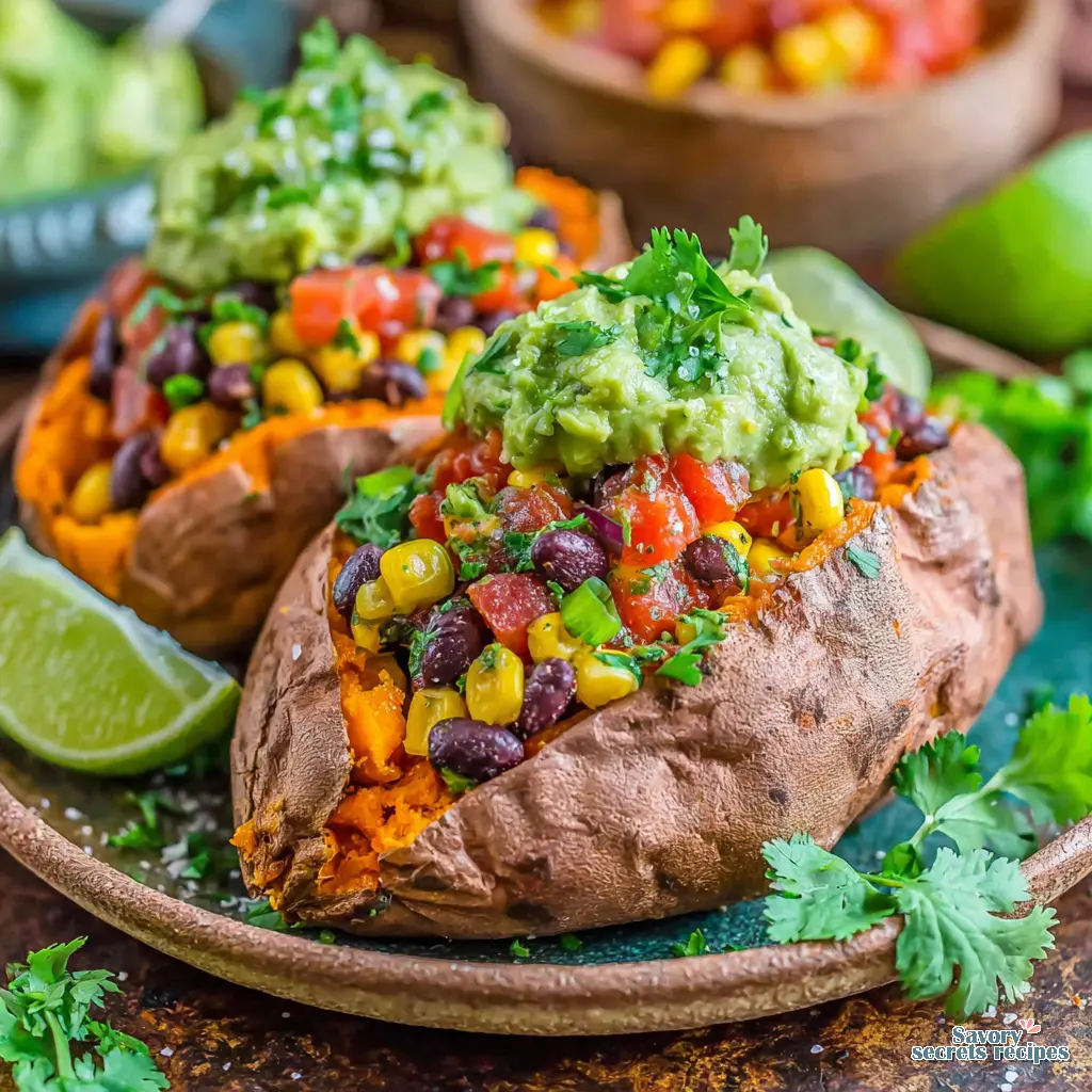 fully assembled vegan mexican stuffed sweet potatoes on a table