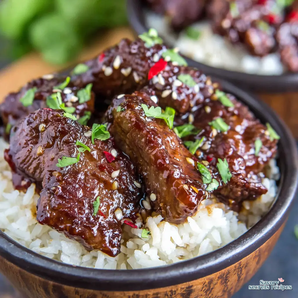 oven baked honey garlic beef rice bowl close up