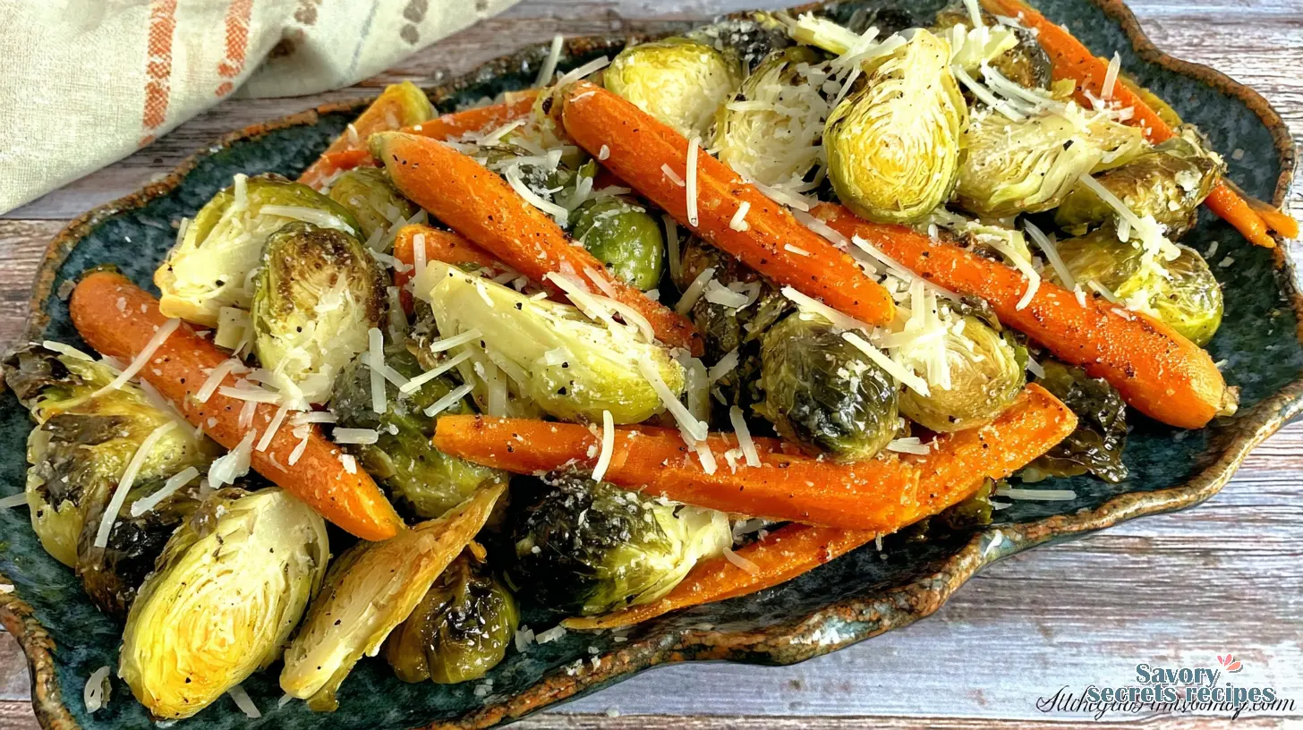 parmesan roasted brussel sprouts and carrots served on a plate