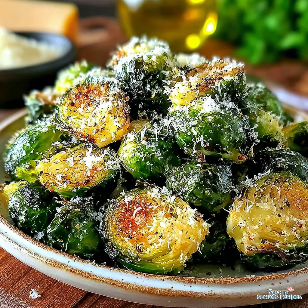 parmesan roasted brussels sprouts served on a platter