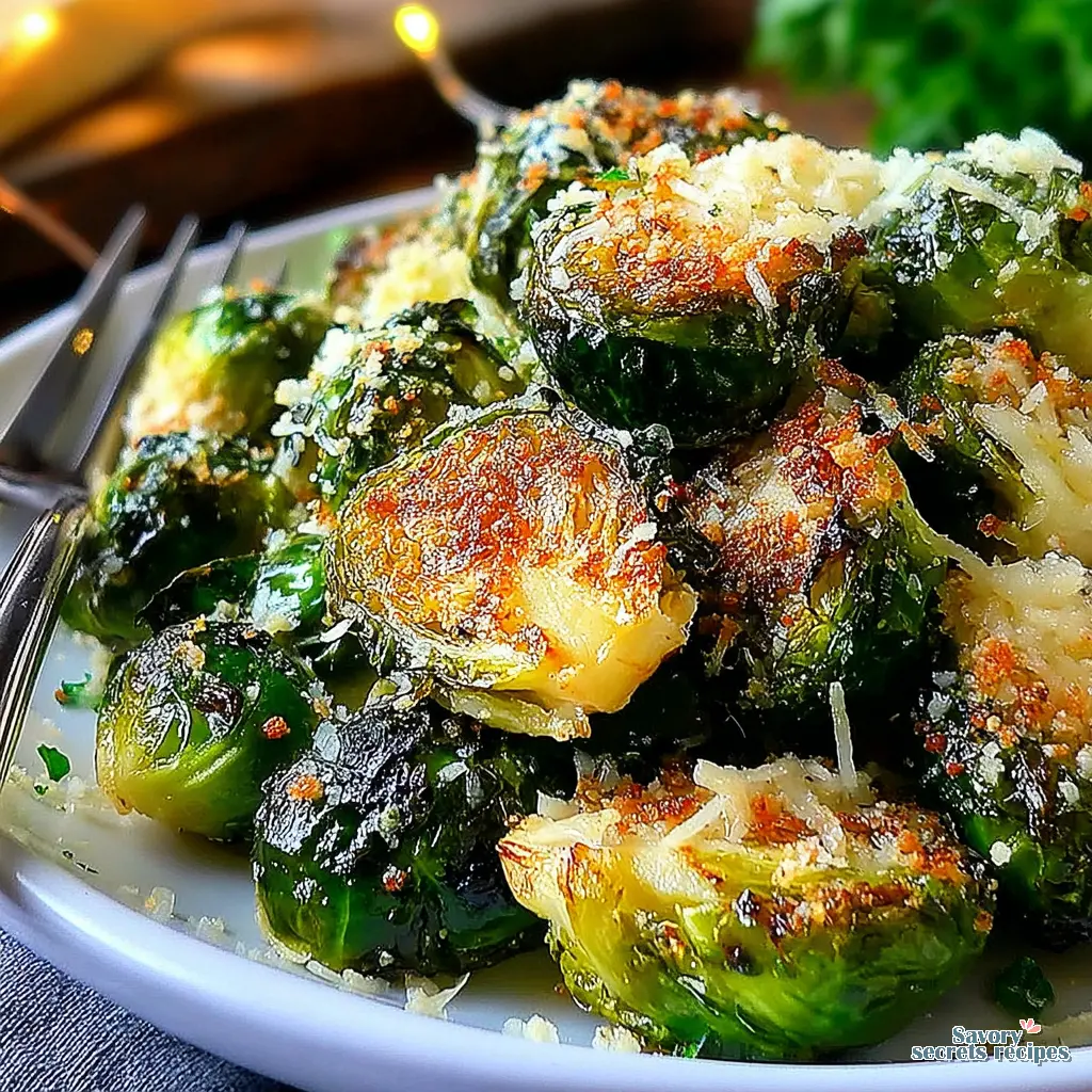 close up of crispy parmesan crust on brussels sprouts