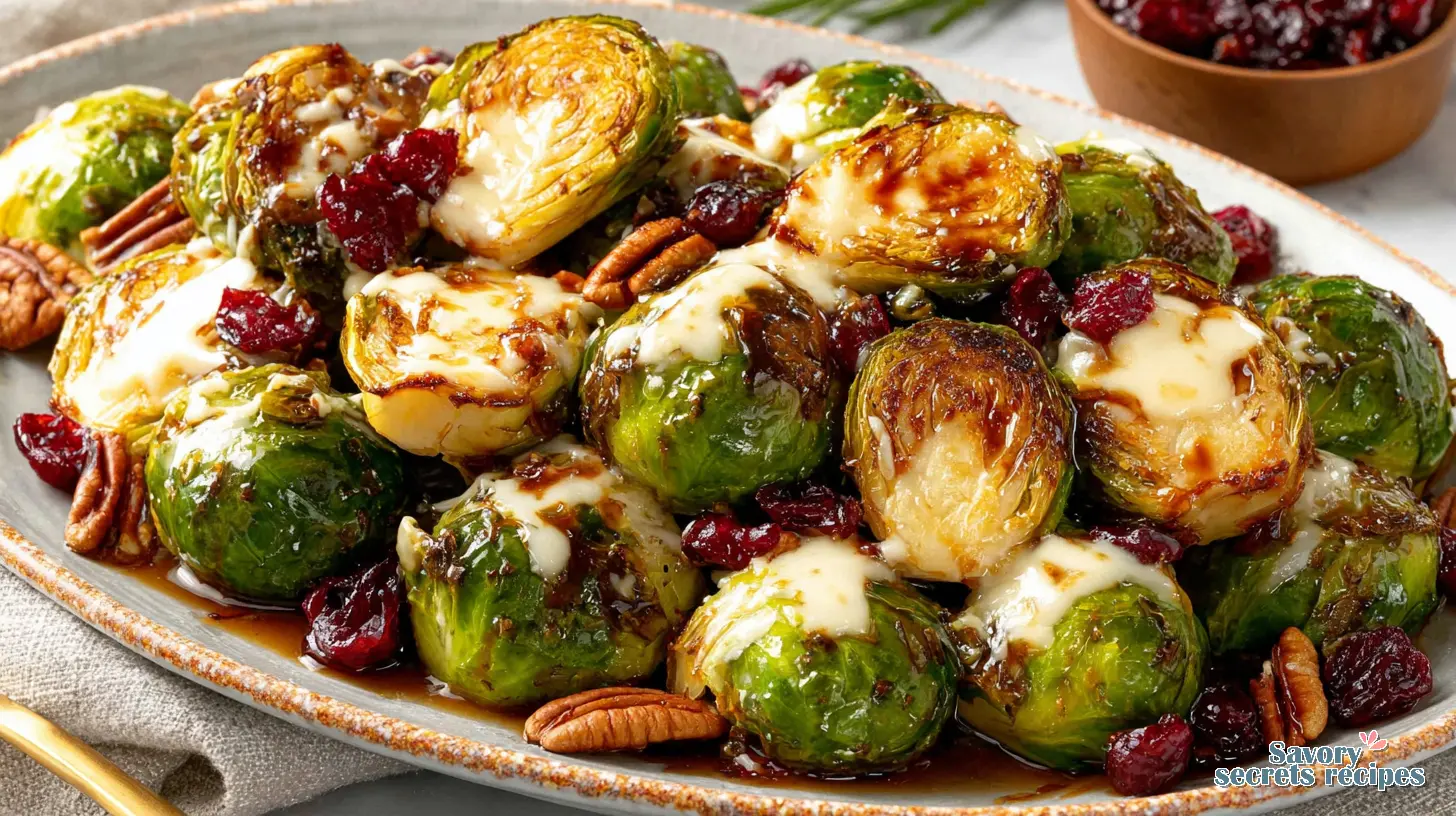 parmesan roasted brussels sprouts with dried cranberries served on a platter
