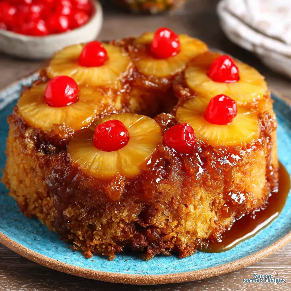 Pineapple Upside Cake sliced and served on a plate