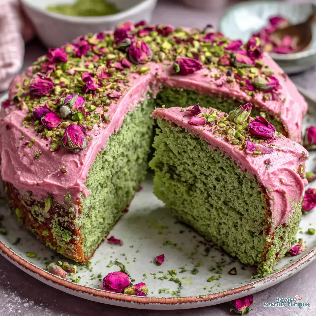 Pistachio Rose Cake final presentation