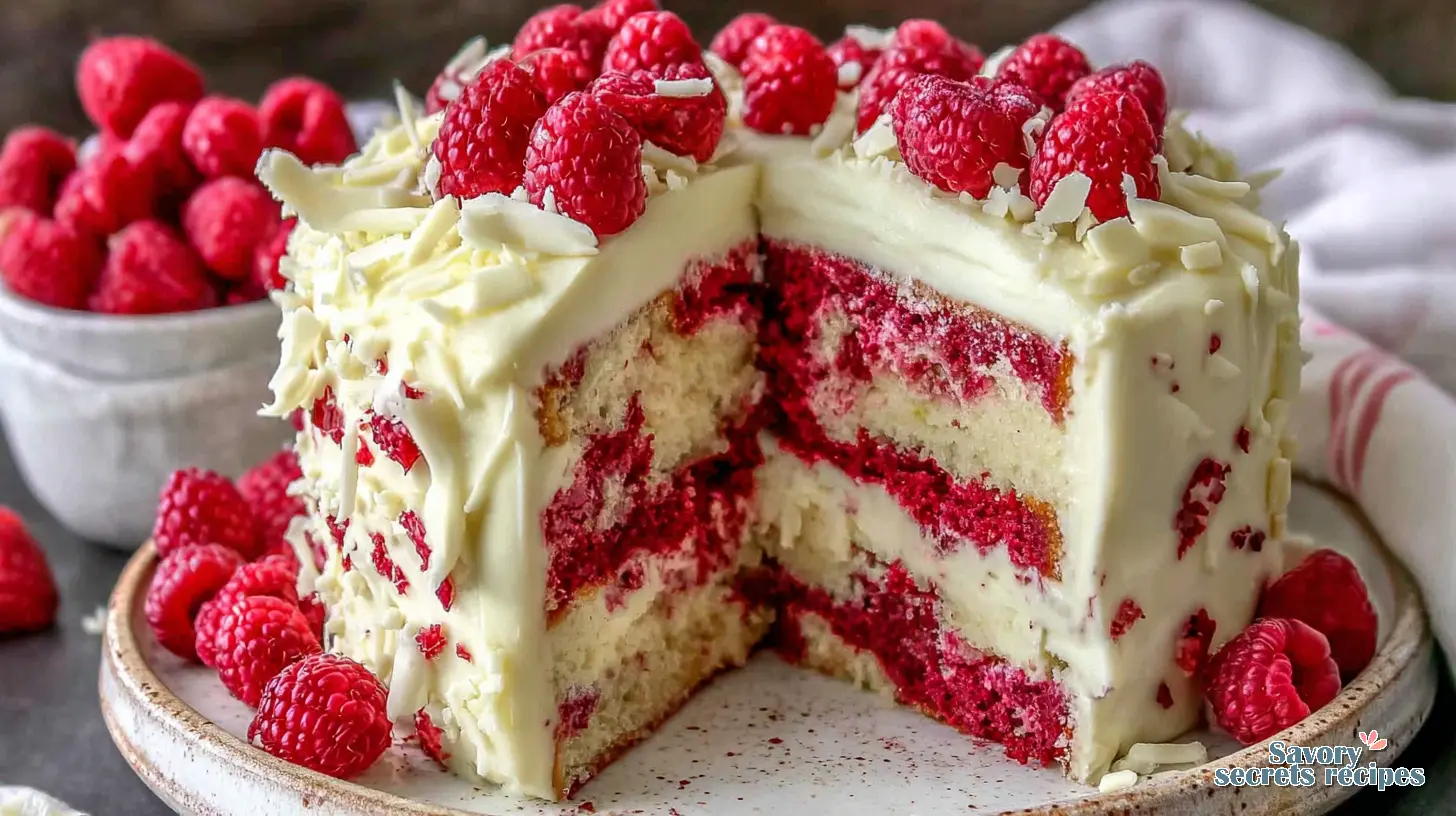 Raspberry White Chocolate Cake final presentation