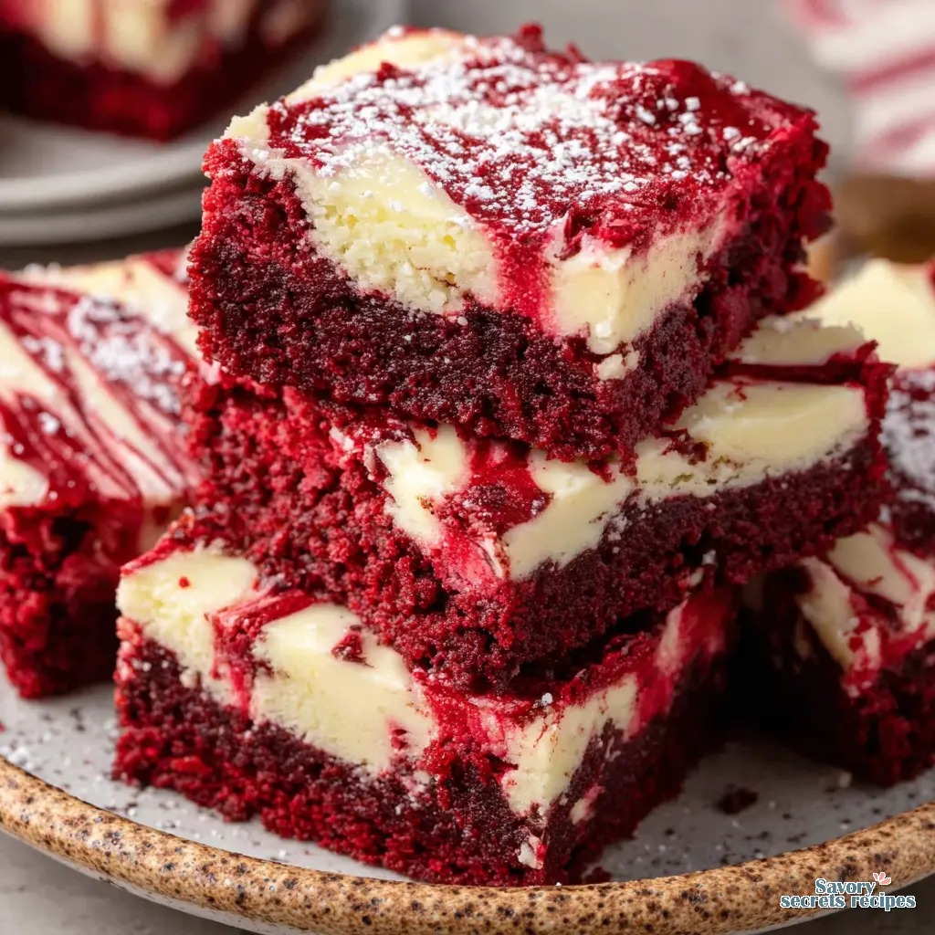 red velvet cheesecake bars on a platter for a party