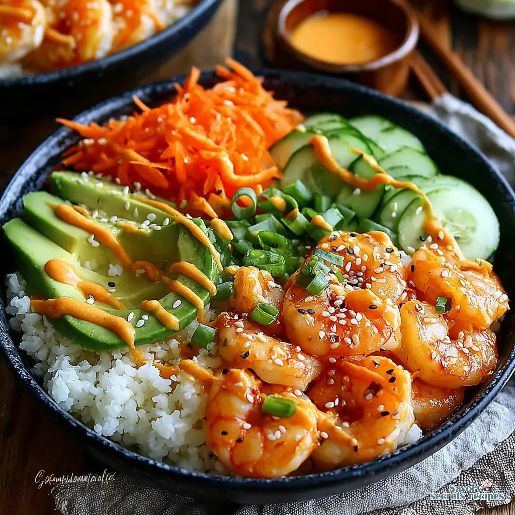 shrimp sushi bowl with cauliflower rice final presentation